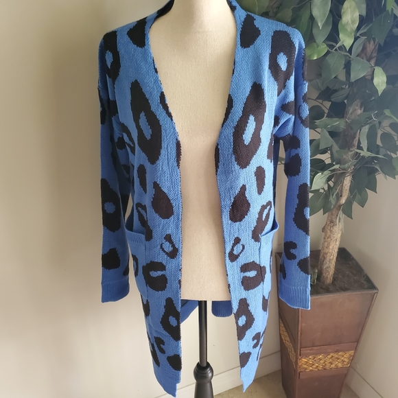 New Blue Leopard Print Long Cardigan Sweater - Picture 5 of 6